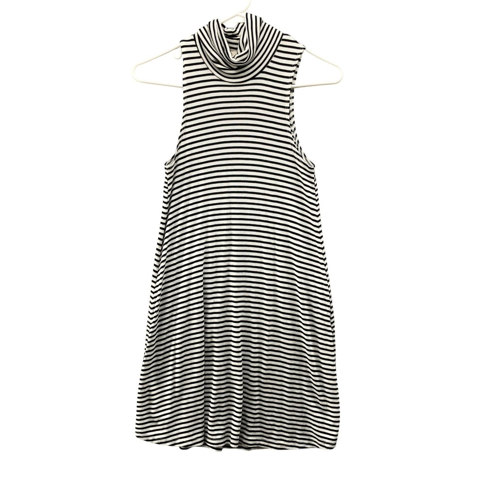 Puella Sleeveless Turtleneck Mini Dress Womens M Striped Black White Jersey Rib‎